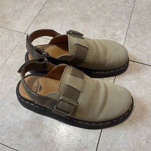 Dr. Martens Tan Suede Buckle Clogs with Black Sole